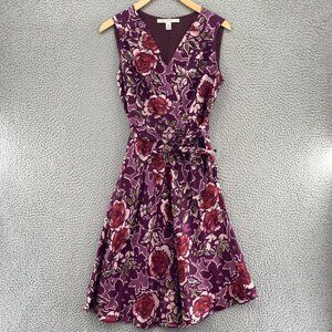 Allegory Dress Womens 2 Purple Floral Silk Linen Fit & Flare Belt Knee Length